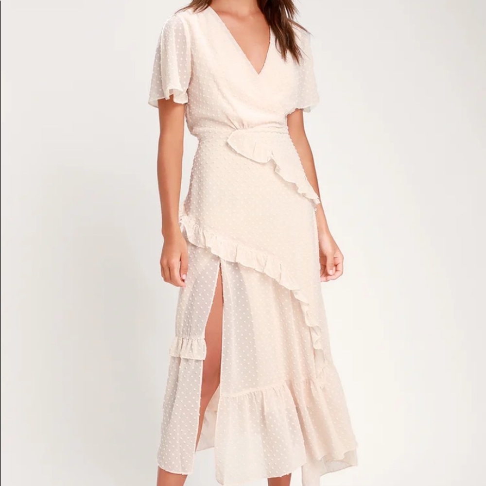 lulus “Next to You Cream Swiss Dot Ruffles Midi Dress